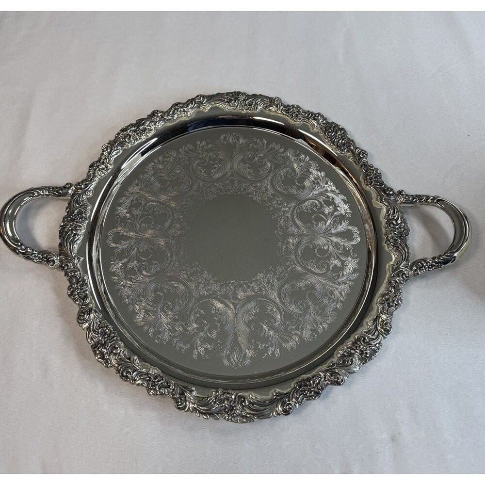 Reed & Barton Burgundy Silverplate 13-15" Round Tray with Handles - S2314 Ornate